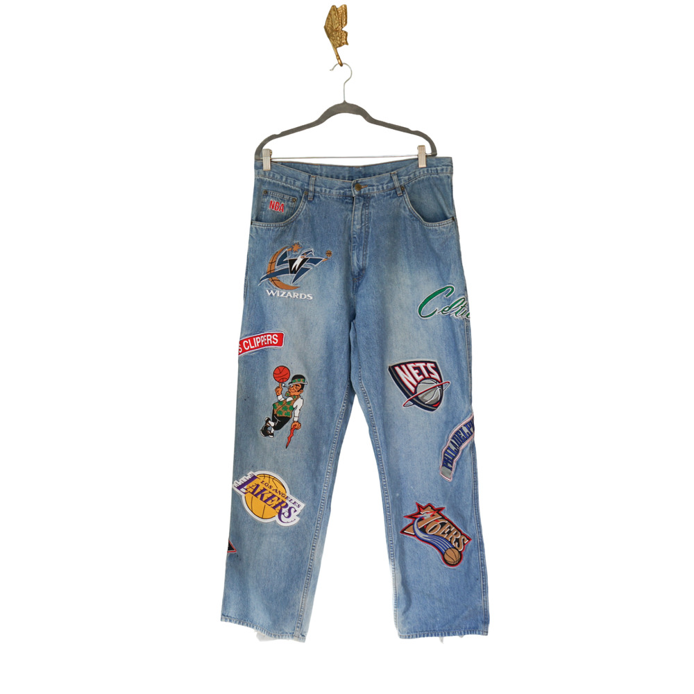 VTG Y2K Unk NBA Men Jeans 36 Baggy Basketball Team Patch Lakers Knicks Celtics